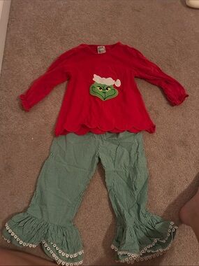 3 piece Girls' Red Grinch Holiday Top with Green Gingham Ruffle Pants & bloomer